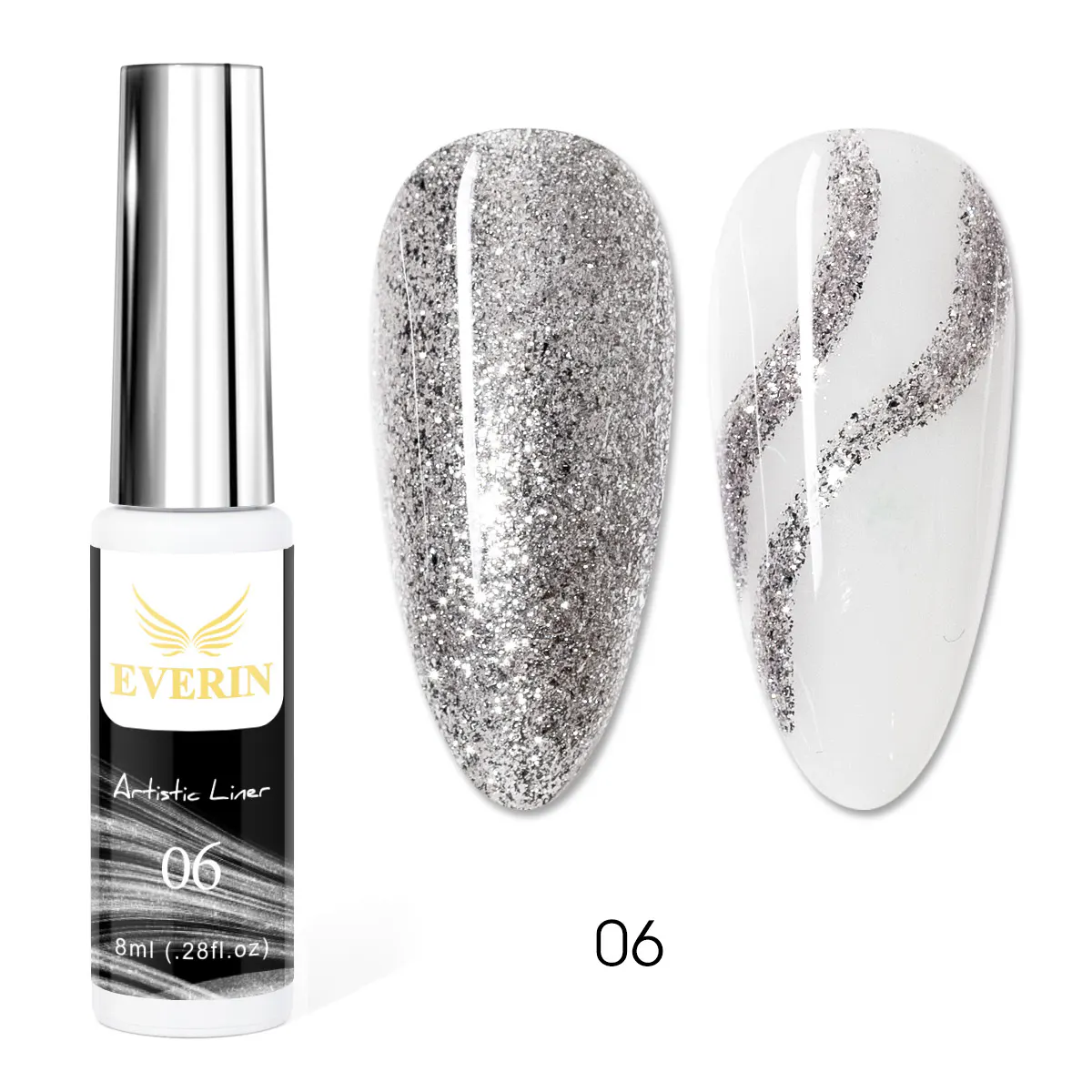 Artistic Liner Gel EVERIN 8ml – 06 | Gel liner argintiu cu sclipici pentru nail art și contururi fine