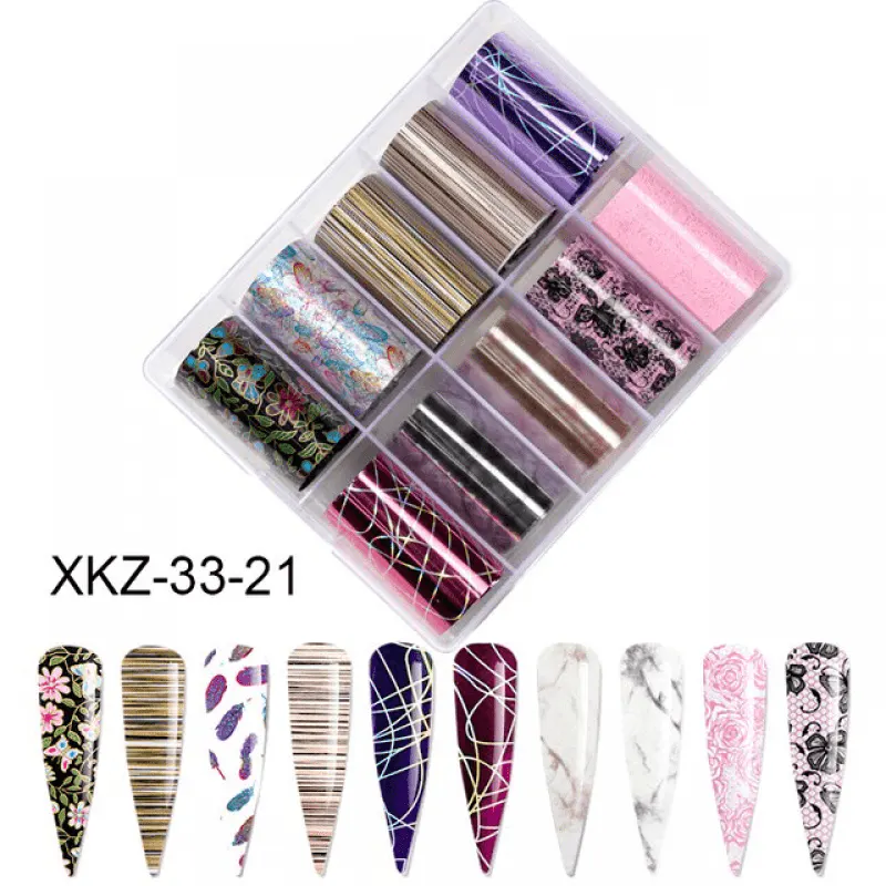 Set 10 Folii Transfer Unghii Mix Design XKZ-33-21 | Nail Art Profesional 100×4 cm