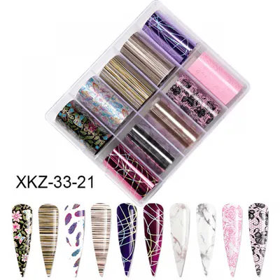 Set 10 Folii Transfer Unghii Mix Design XKZ-33-21 | Nail Art Profesional 100×4 cm