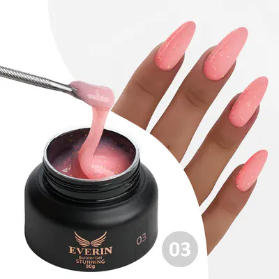 Gel Construcție Everin Stunning 03 Roz Coral cu Paiete Holografice | Gel Autonivelant Profesional