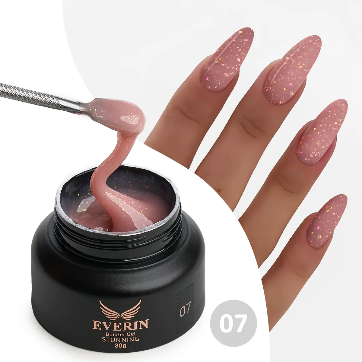 Gel Construcție Everin Stunning 07 Nude Rose cu Paiete Holografice | Gel Autonivelant Profesional