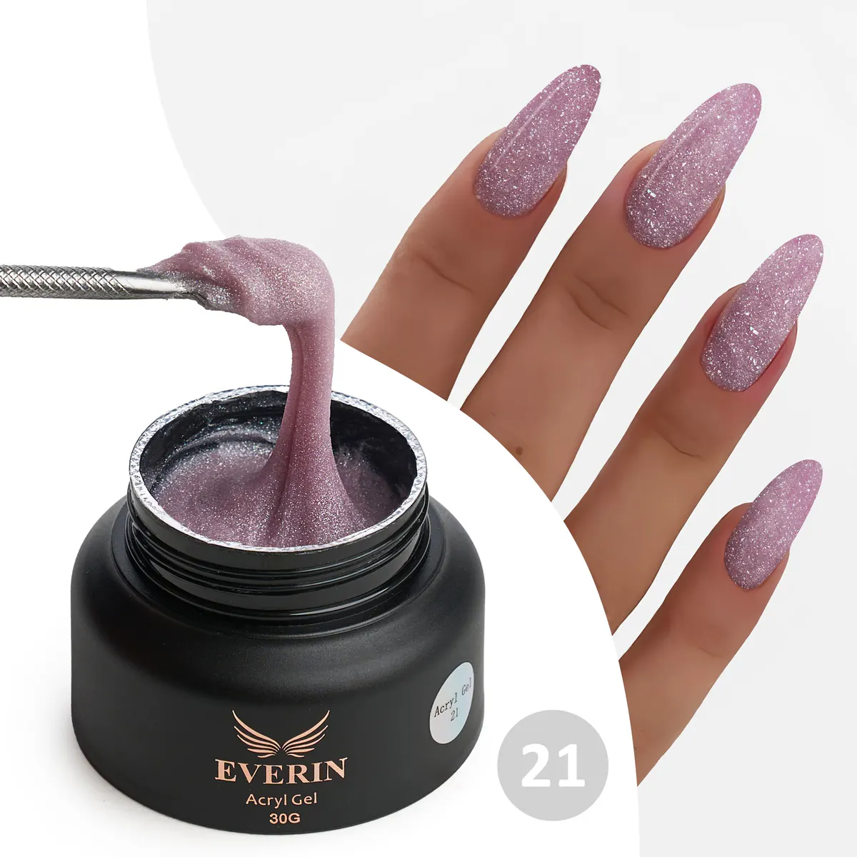 Acryl Gel Everin 30gr Shimmer 21 TPO Free - Polygel Mov Lavandă cu Sclipici