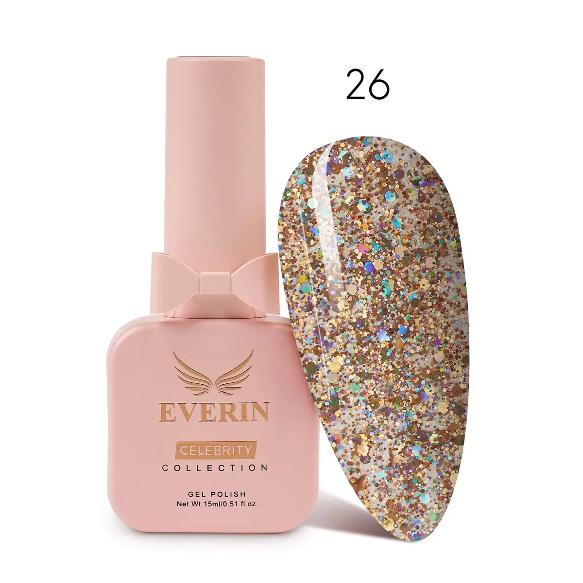 Ojă Semipermanentă Everin Celebrity 15 ml – 26 Golden Holo Glitter | Strălucire & Rezistență