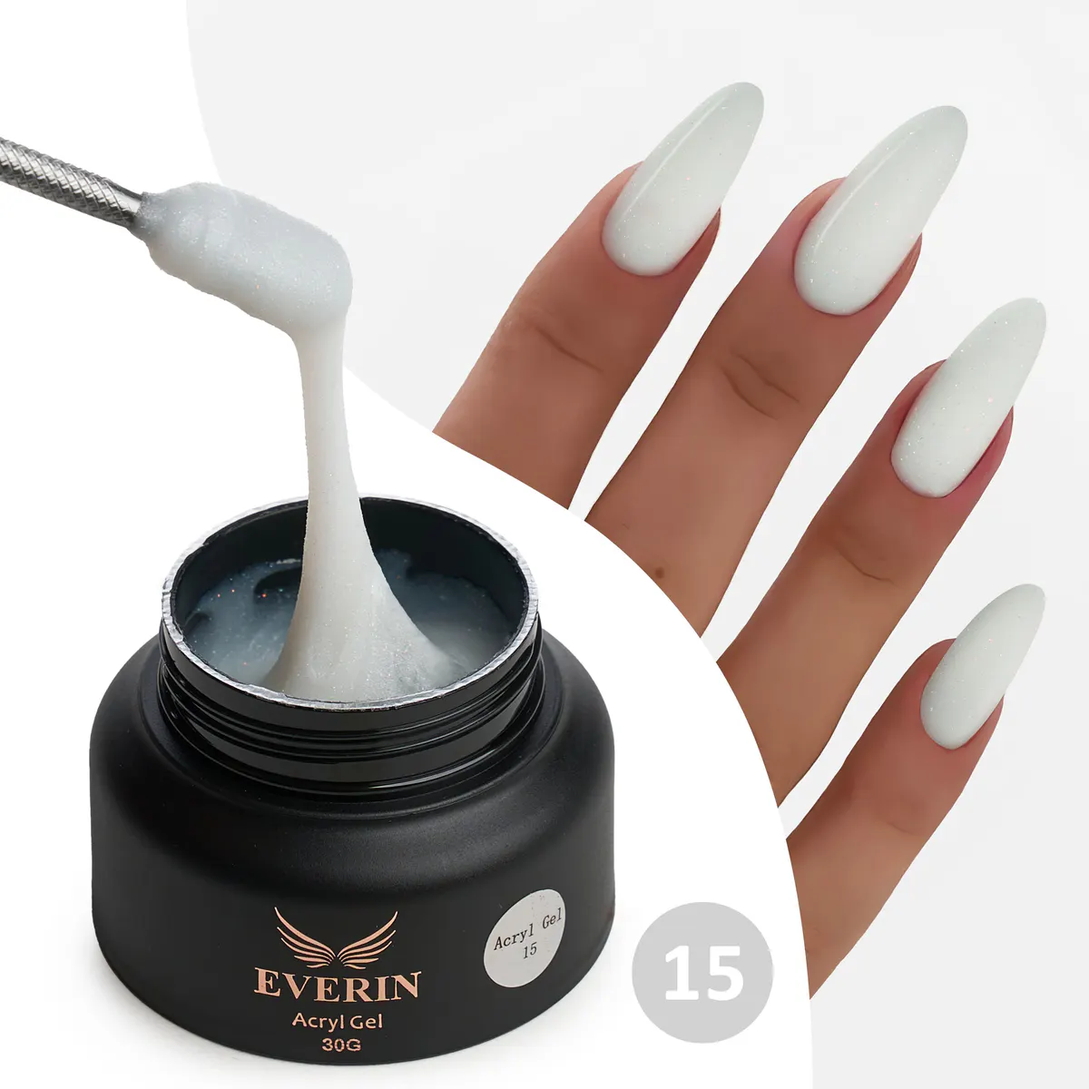 Acryl Gel Everin 30gr Shimmer 15 TPO Free - Polygel Alb Lăptos cu Sclipici