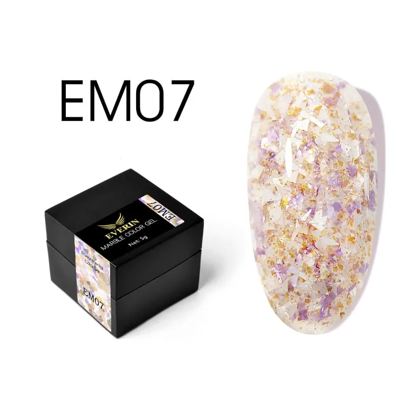 Everin Marble Color Gel EM07 – Gel color cu efect marmurat mov-lavandă și fulgi aurii (5g)