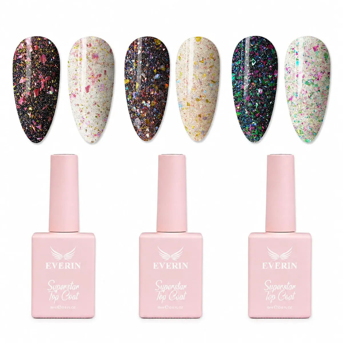 Set 3 Superstar Top Coat Everin SST3 - Cardi, Meghan, Shalom cu Efect Flakes