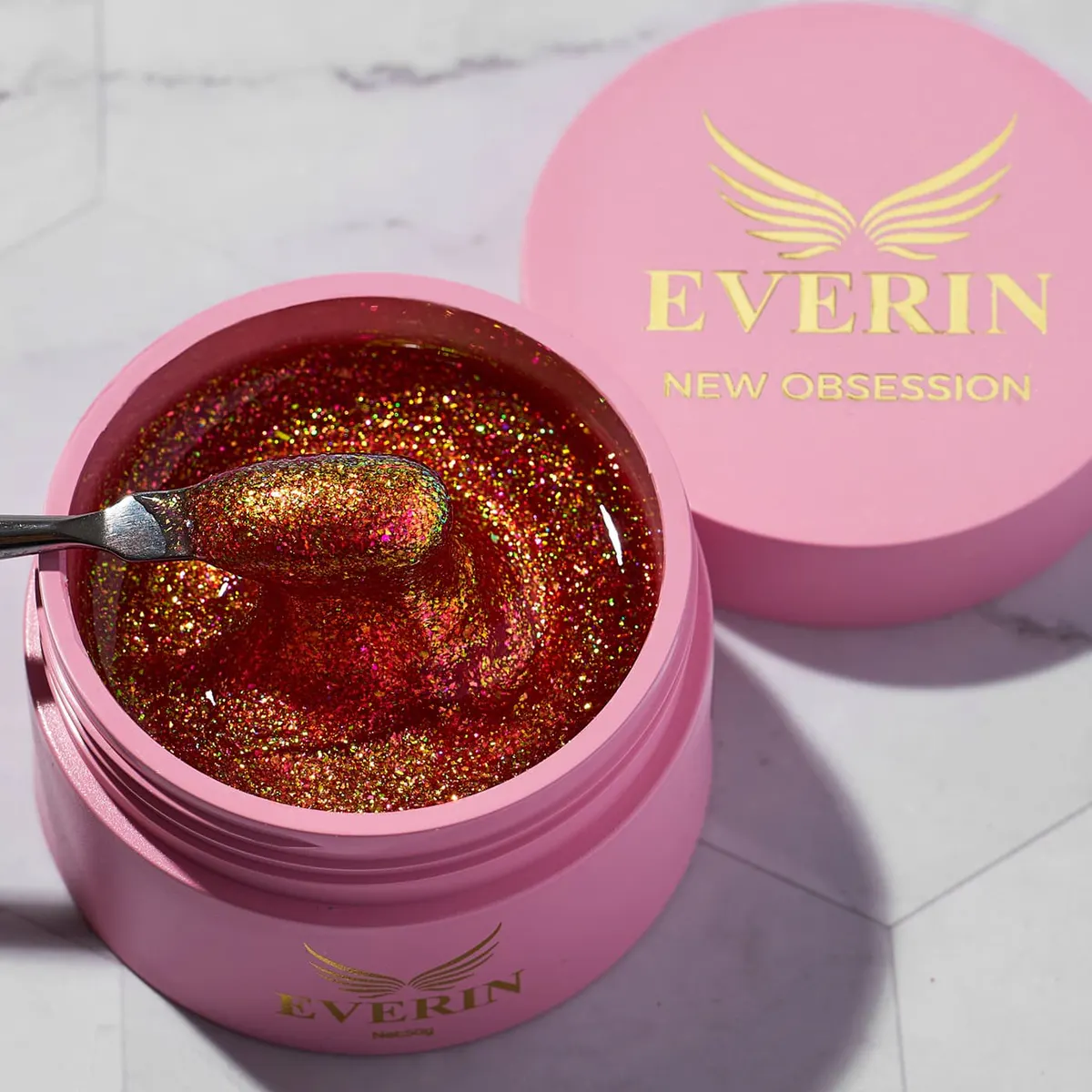 Gel Autonivelant Everin New Obsession Nail Crush 50gr - Gel Copper cu Sclipici